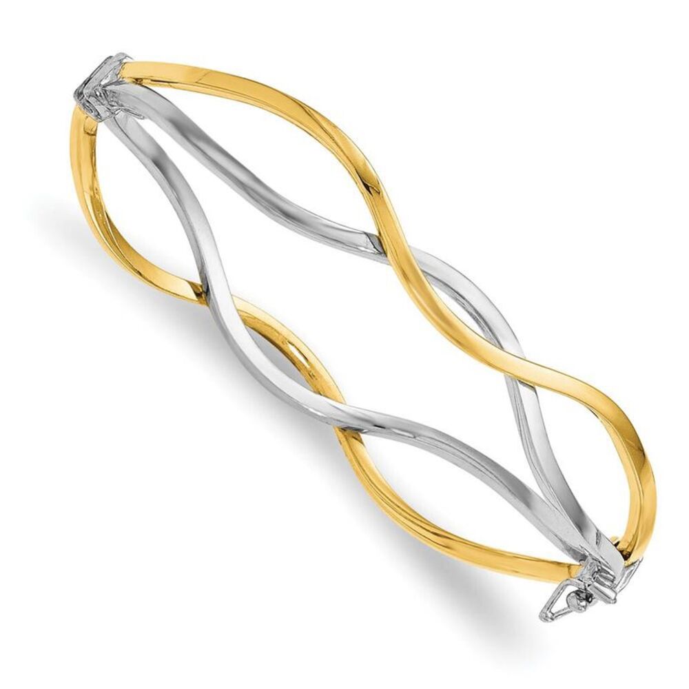 10k Yellow Gold & White Rhodium 10mm Twisted Bangle Bracelet